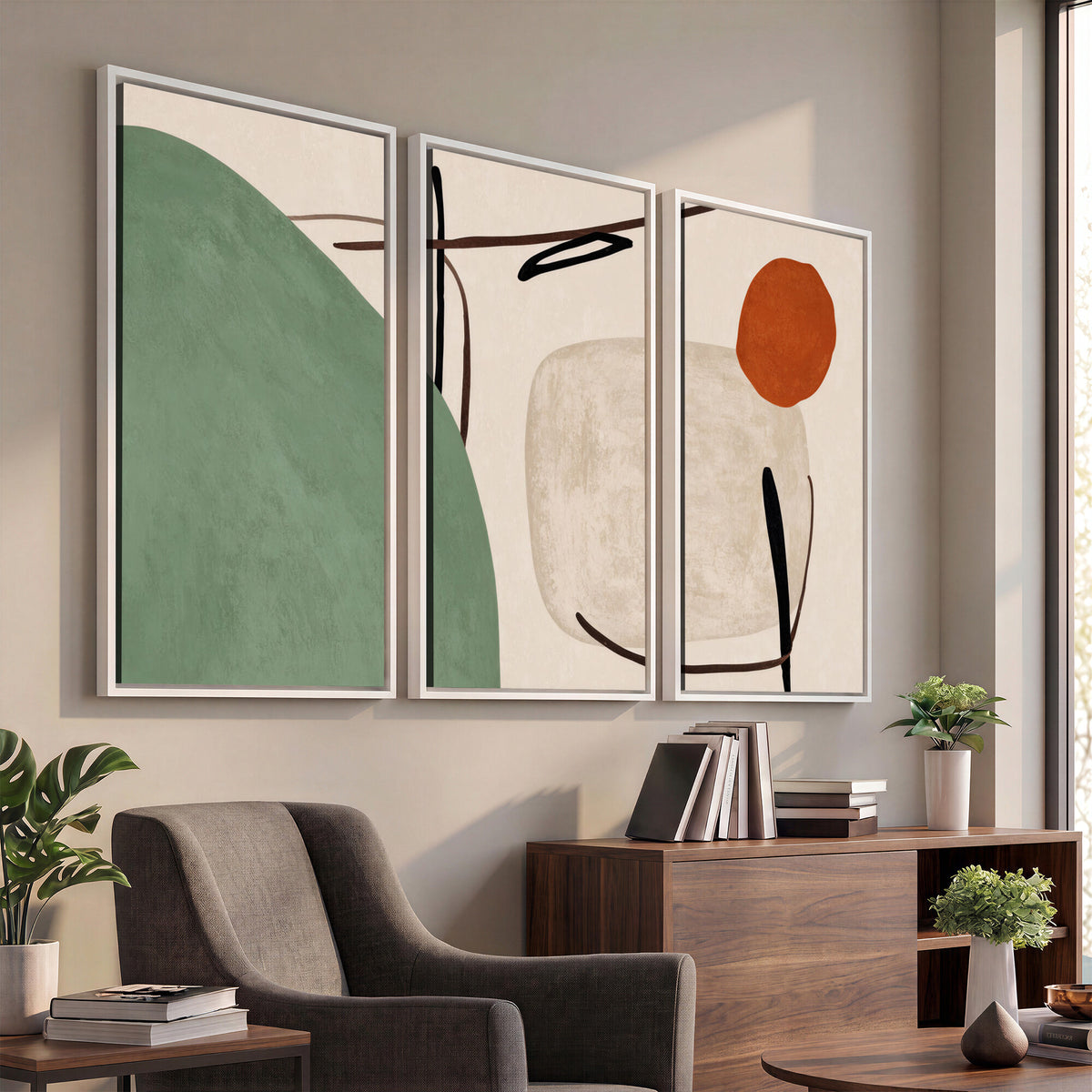 46798824-MGV-CV-48X32-3P - Mid Century Modern Geometric Canvas Wall Art, Abstract Triptych Print