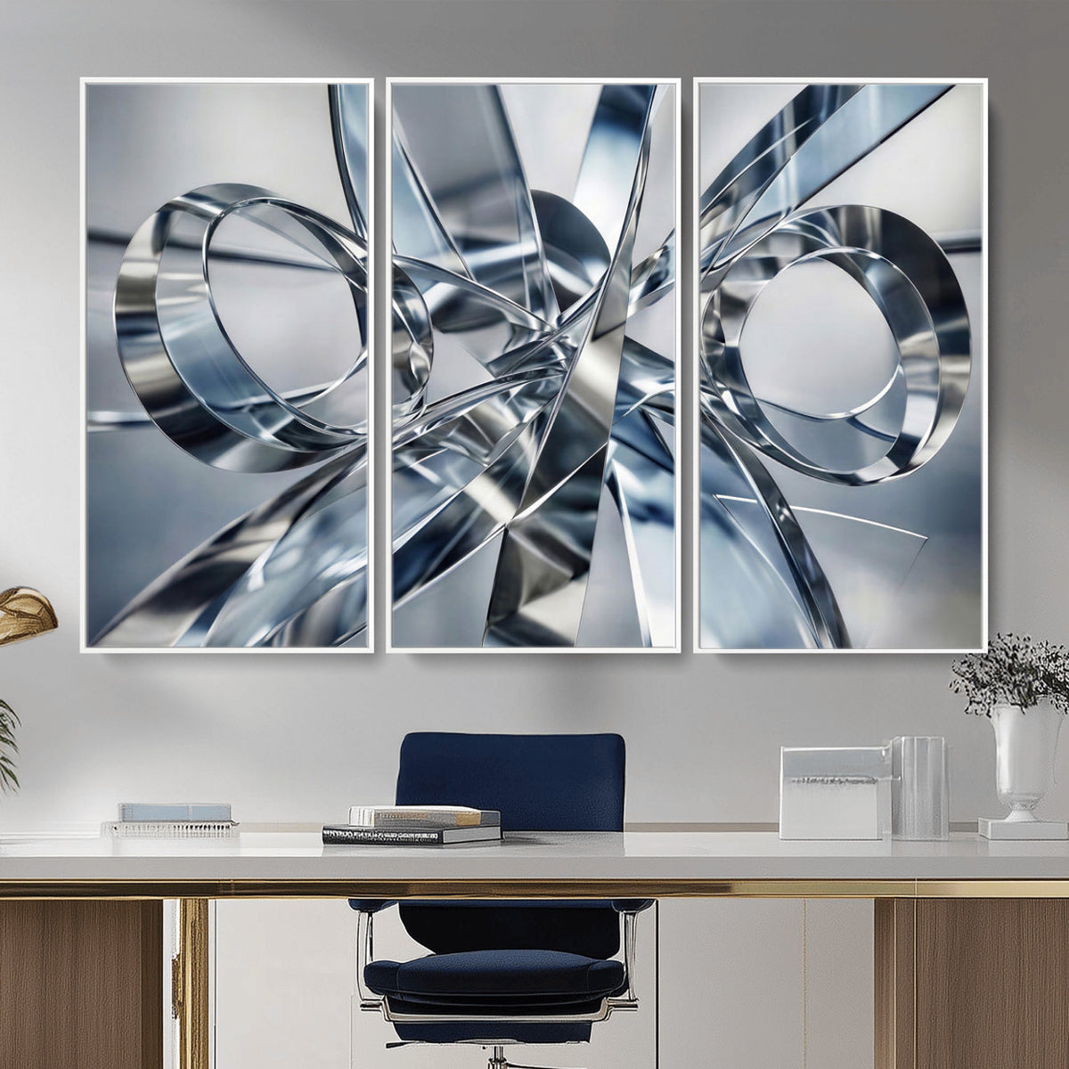 70036312-MGV-CV-36X24 - Modern Chrome Abstract Canvas Wall Art, Futuristic Silver Metallic Print