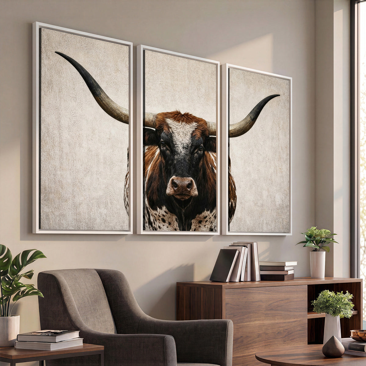 58622065-MGV-CV-36X24 - Texas Longhorn Canvas Wall Art Western Bull Desert Moody Grey Overcast Rustic Farmhouse Framed Large for Living Room Bedroom Office Decor