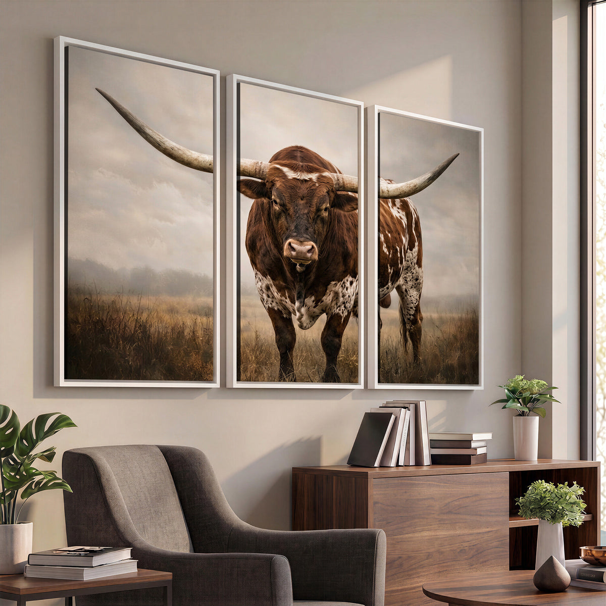 25239047A-MGV-CV-36X24 - Texas Longhorn Canvas Wall Art Western Bull Desert Moody Grey Overcast Rustic Farmhouse Framed Large for Living Room Bedroom Office Decor