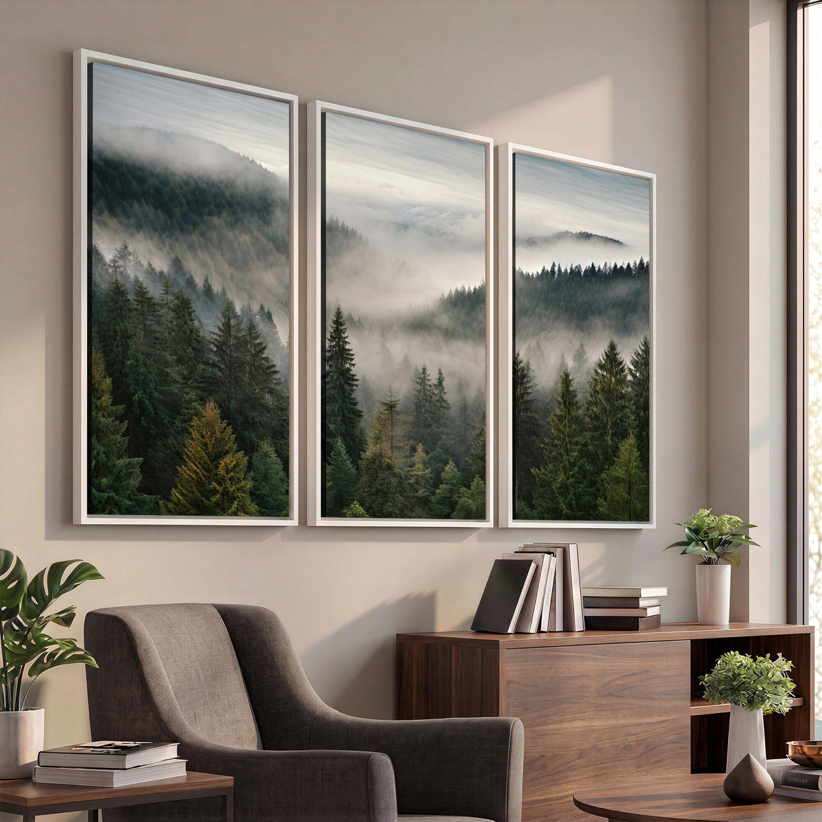 38409495-_Poster-30x20 - Misty Pine Valley Mountain Canvas Print 3 Piece Framed Wall Art Extra Large Floating Frame Nature Poster Made in USA