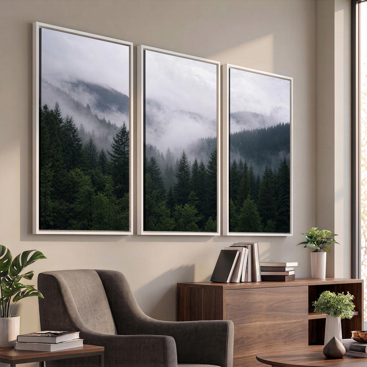25432119-_Poster-30x20 - Misty Mountain Pine Forest Canvas Print 3 Piece Framed Wall Art Extra Large Floating Frame Nature Poster Made in USA