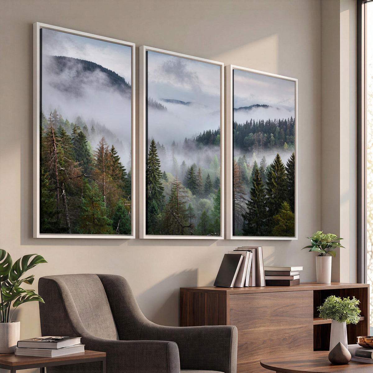 18735847-_Poster-30x20 - Foggy Pine Forest Mountain Canvas Print 3 Piece Framed Wall Art Extra Large Floating Frame Nature Poster Made in USA