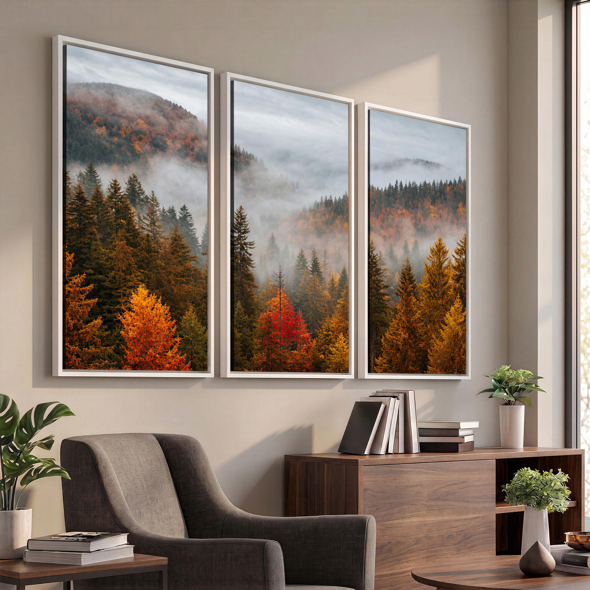 87481341-_Poster-30x20 - Foggy Autumn Mountain Canvas Print Smoky Pine Forest Wall Art Panoramic Nature Poster 3 Piece Made in USA