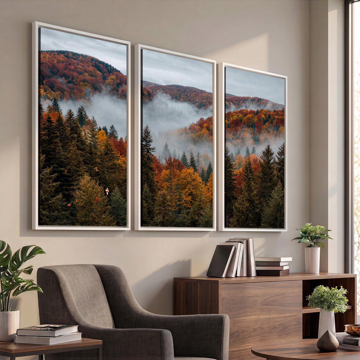 26686263-_Poster-30x20 - Misty Autumn Forest Mountain Canvas Print 3 Panel Wall Art Gallery Wrapped Floating Frame Poster Made in USA