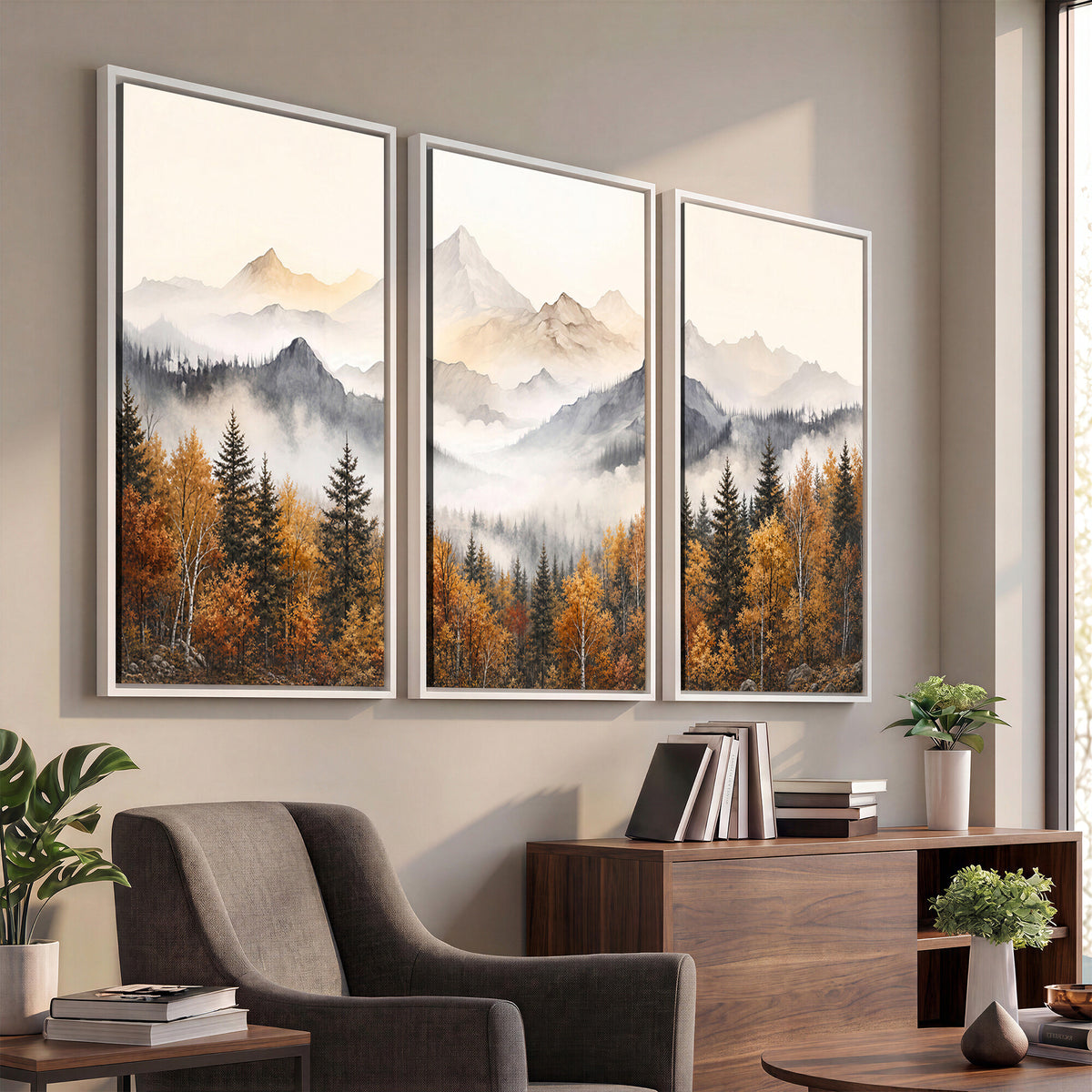 19544118-MGV-TP-30X20 - Misty Mountain Autumn Forest Canvas Wall Art - Watercolor Fall Nature Landscape Print