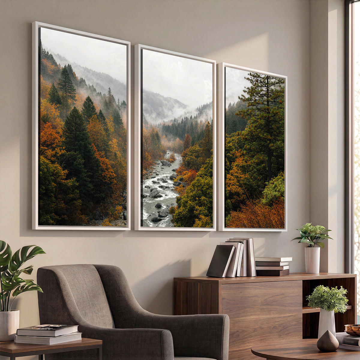 95540697-MGV-TP-30X20 - Misty River Mountain Valley Canvas Wall Art - Autumn Forest Landscape Nature Print