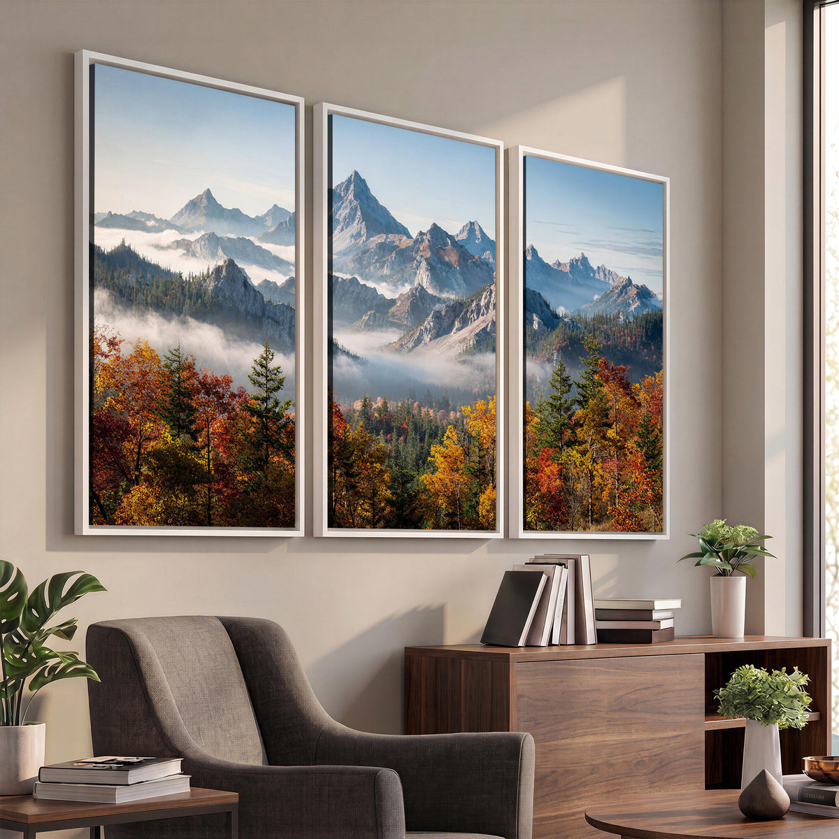 38847944-MGV-TP-30X20 - Majestic Mountain Peak Canvas Wall Art - Panoramic Autumn Forest Fog Landscape Print