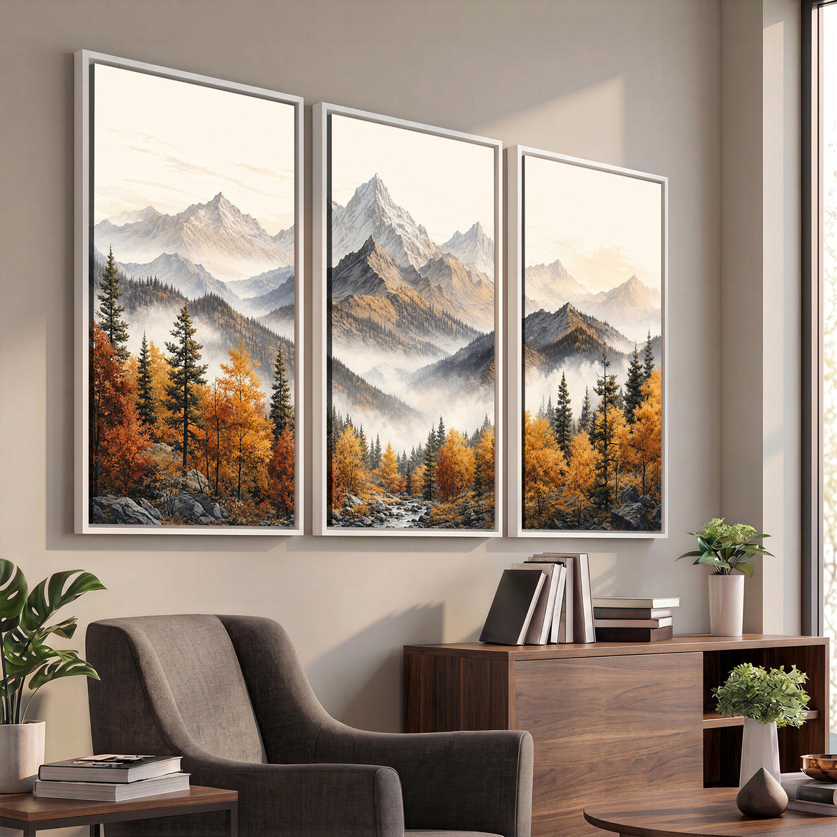 21309099-MGV-TP-30X20 - Extra Large Misty Mountain Autumn Forest Canvas Wall Art - Watercolor Fall Nature Landscape Print