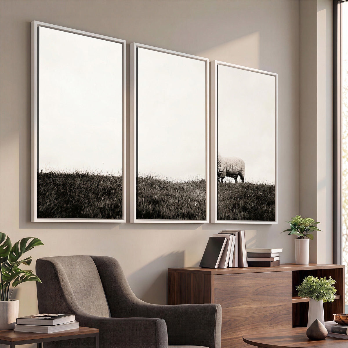 72749448-MGV-TP-30X20 - Minimalist Sepia Sheep Canvas Wall Art - Rustic Farmhouse Country Landscape Print