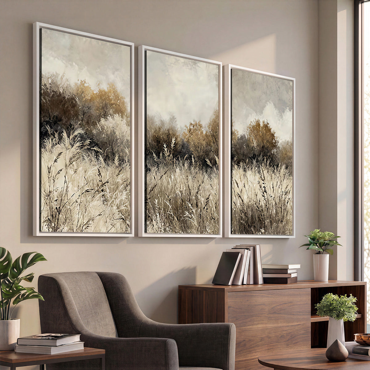 53959945-MGV-TP-30X20 - Muted Neutral Forest Landscape Canvas Wall Art - Vintage Rustic Wildflower Meadow Print