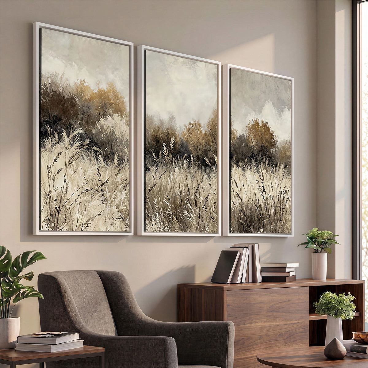 53959945-_Poster-30x20 - Muted Neutral Forest Landscape Canvas Wall Art - Vintage Rustic Wildflower Meadow Print
