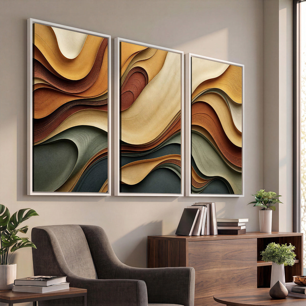 19337902-MGV-CV-36X24 - Modern Abstract Waves Canvas Wall Art - Minimalist Earthy Tone Living Room Decor