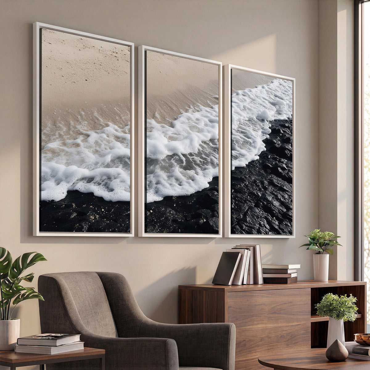 27448606-MGV-CV-24X16 - Ocean Wave Foam on Black Lava Rock Beach Canvas Wall Art Print