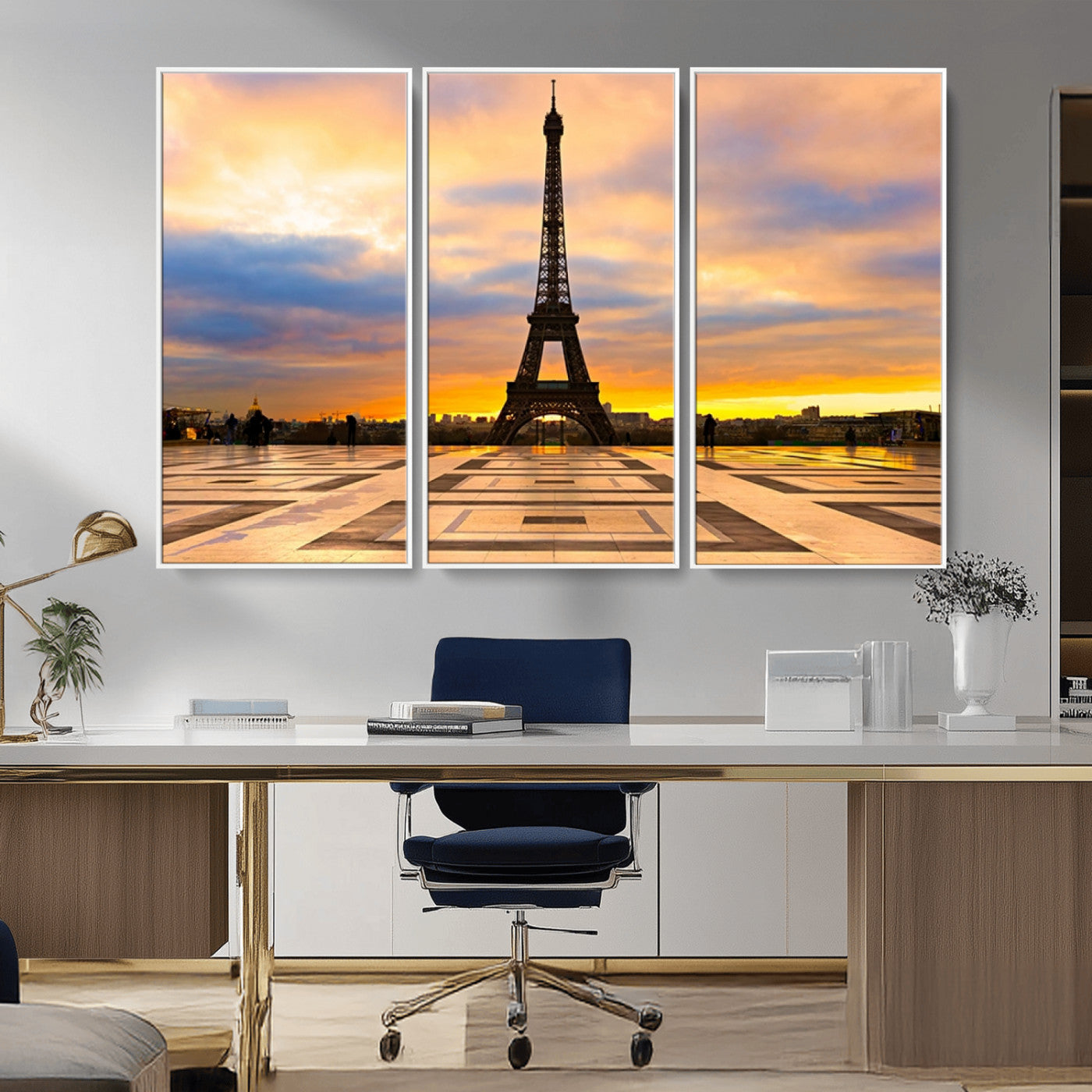 MGV-FC-48X32-3P - Paris Eiffel Tower Sunset Canvas Wall Art Print - Iconic Landmark Decor with Vibrant Colors