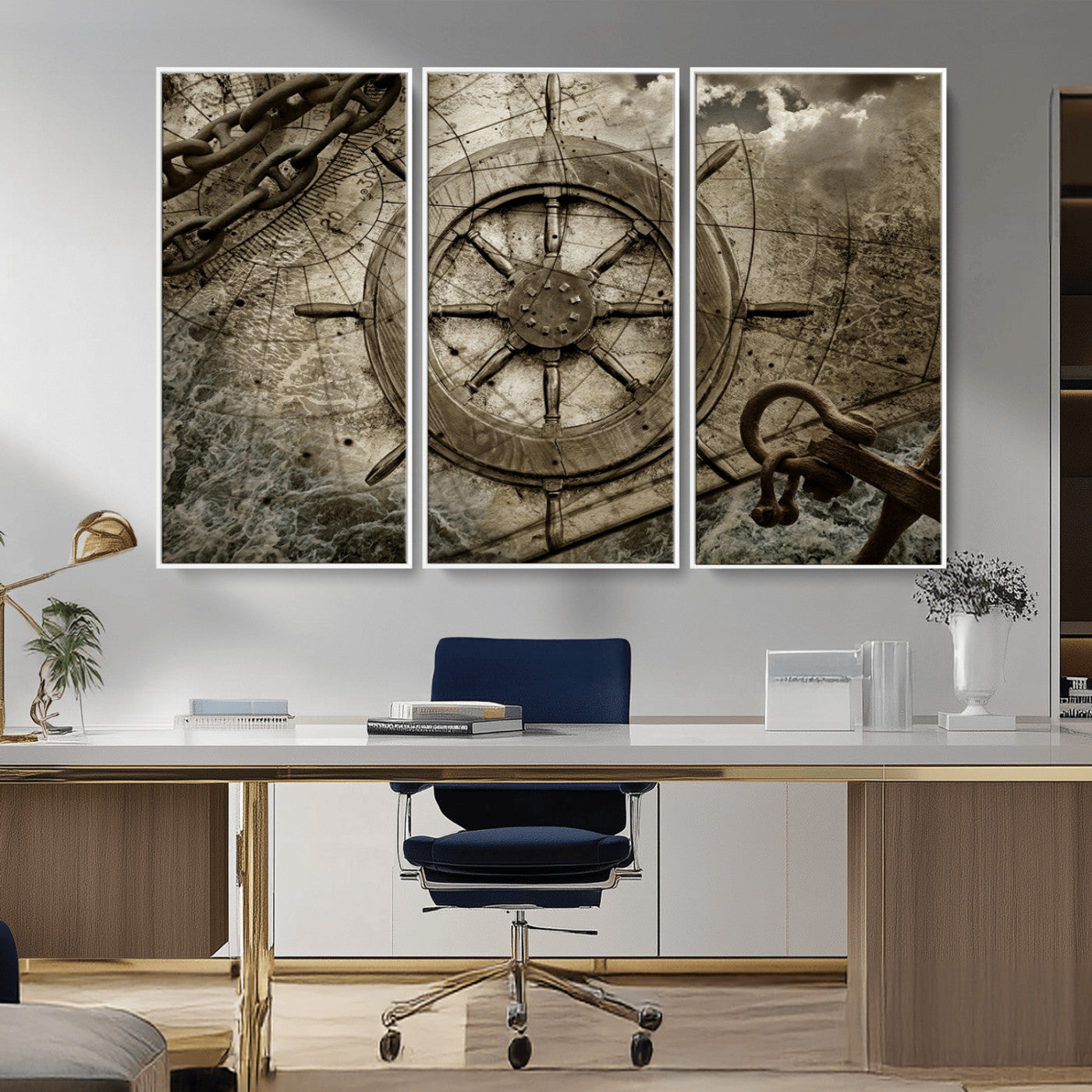 MGV-FC-48X32-3P - Wooden Ship Wheel Canvas Print, Multi Panel Canvas Wall Art Print