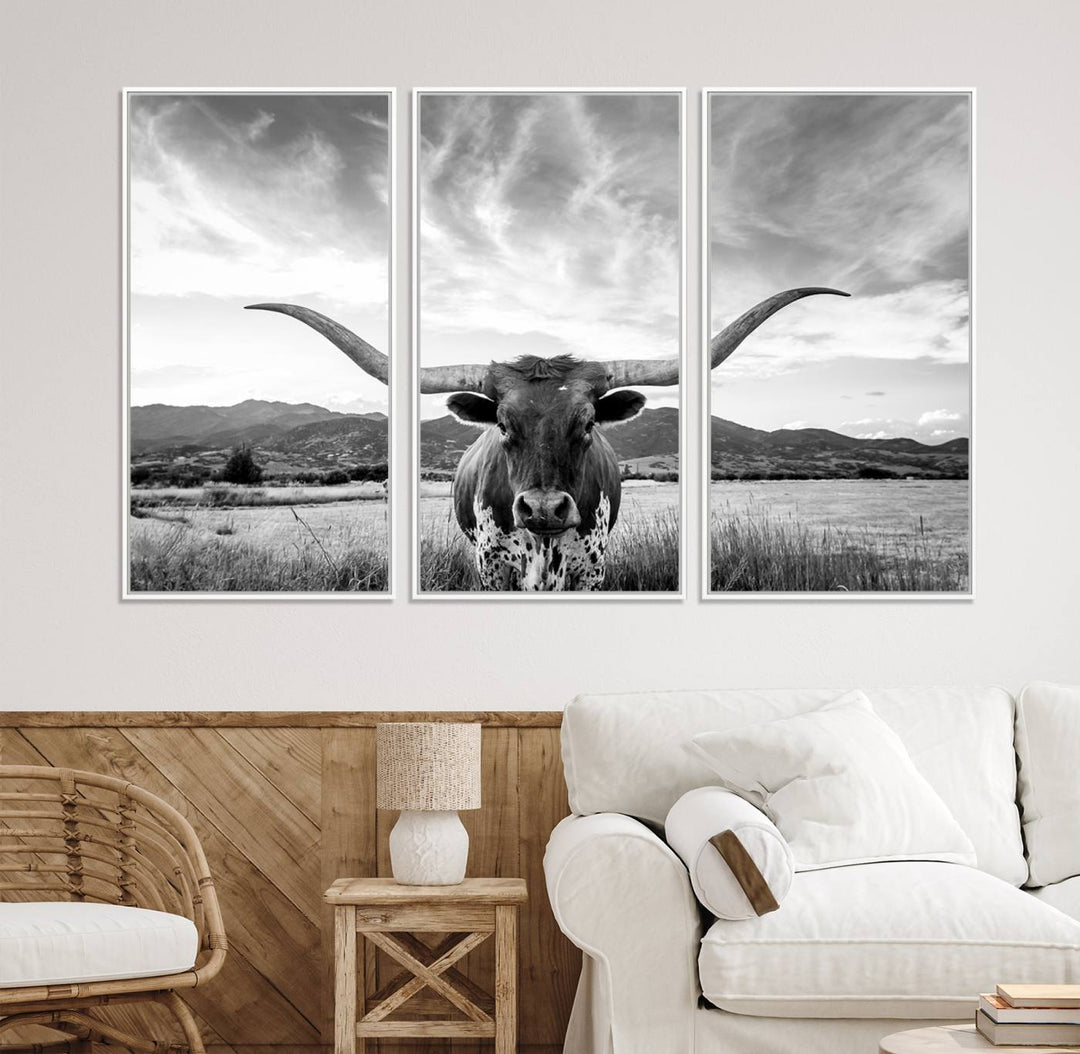 Longhorn Cow Wall Art Canvas Print Farmhouse Wall Art - Texas Longhorn Wall Art Print