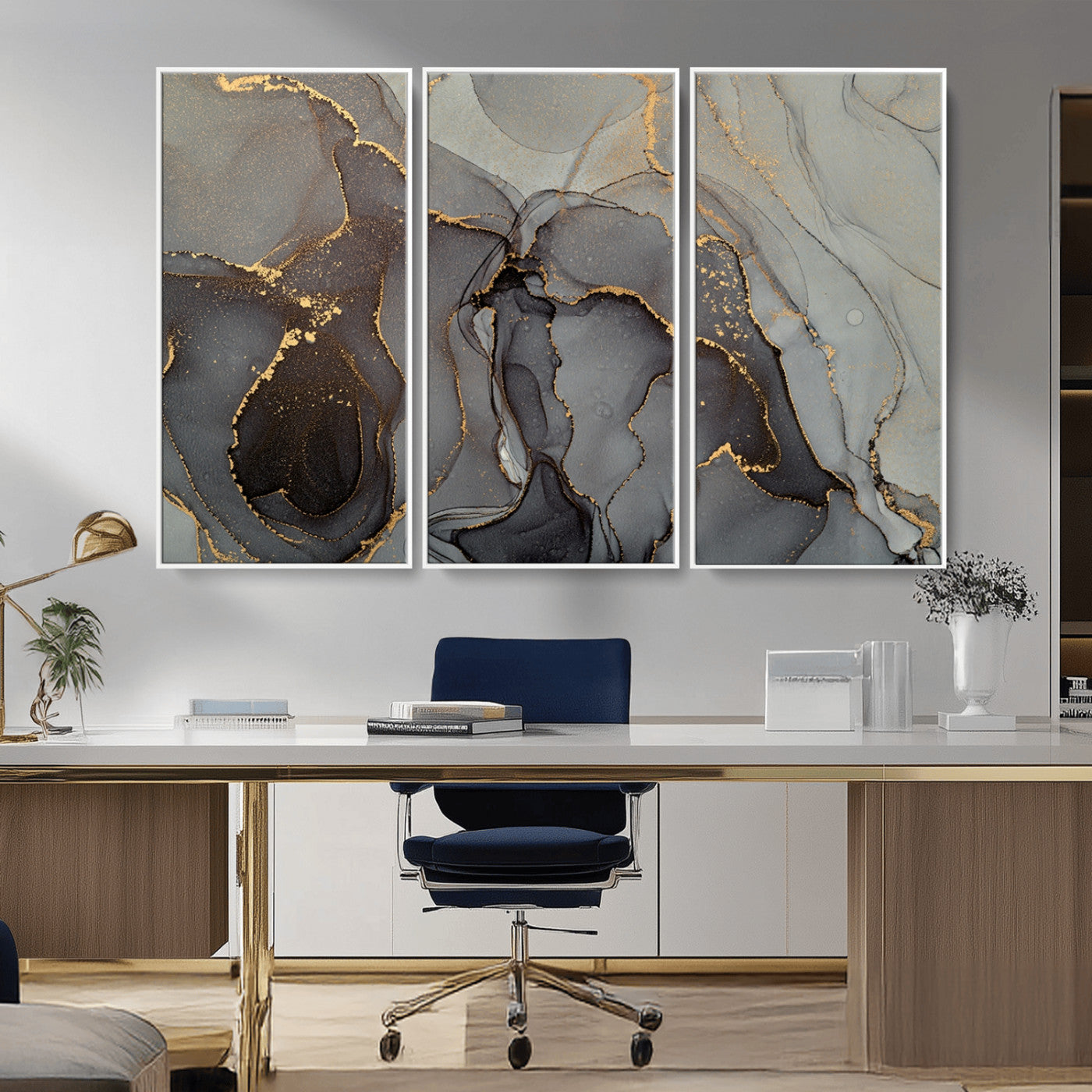 MGV-FC-48X32-3P - Gray Marble Fluid Effect Wall Art Abstract Canvas Wall Art Print