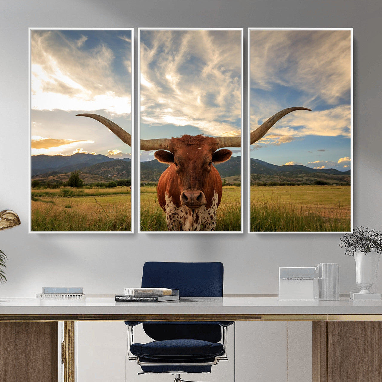 55416-MGV-CV-36X24 - Texas Longhorn Canvas Wall Art – Majestic Triptych Animal Print – Rustic Western Decor for Living Room