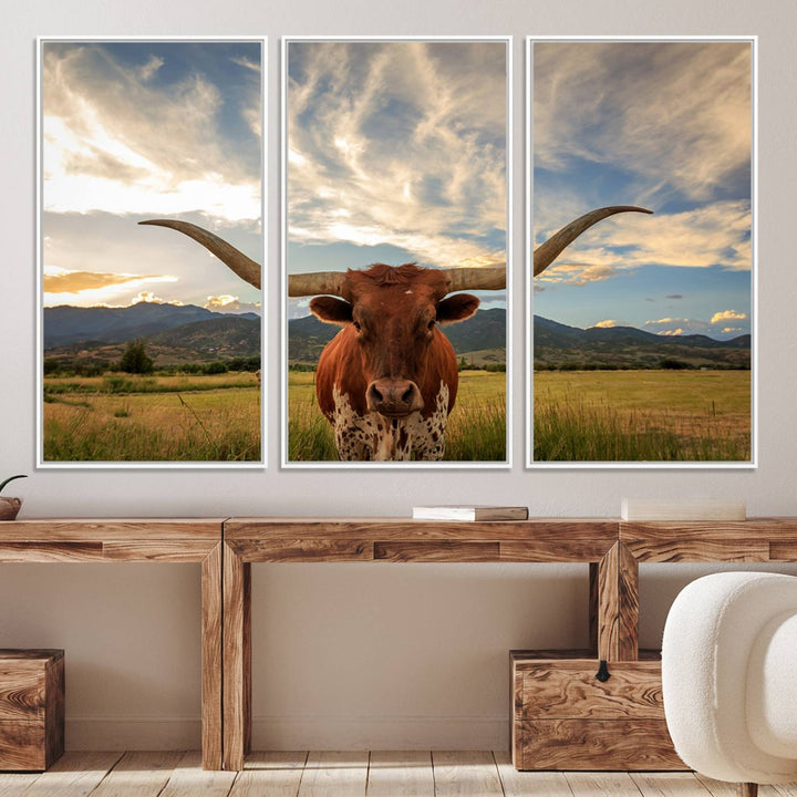 Texas Longhorn Canvas Wall Art – Majestic Triptych Animal Print – Rustic Western Decor for Living Room or Office – Ready to Hang