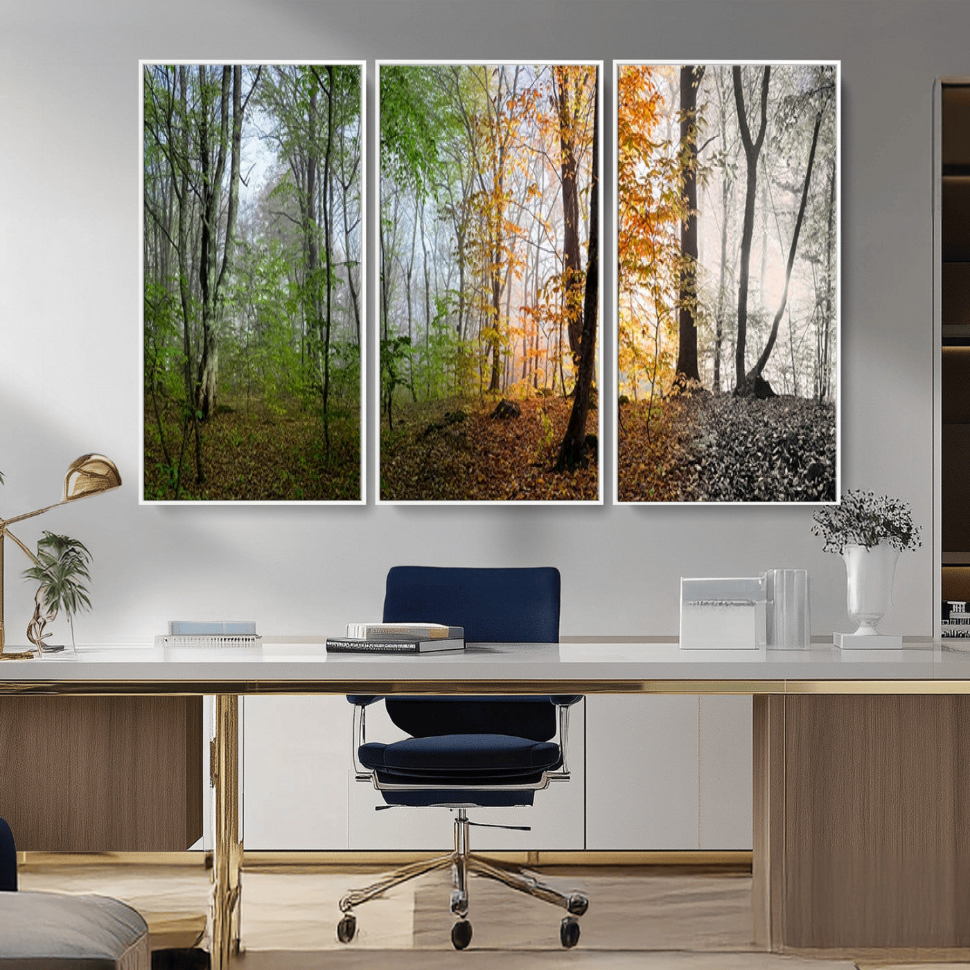 MGV-FC-48X32-3P - Four Seasons Wall Art Forest Canvas Print – Triptych Seasonal Nature Print – Landscape Decor for