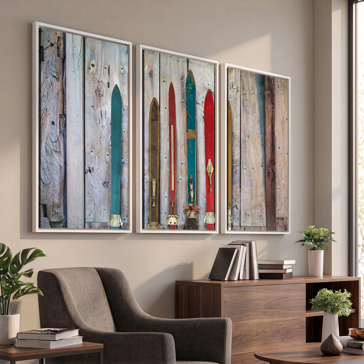 30640-MGV-CV-36X24 - Vintage Wooden Weathered Skis in Front of an Old Barn Wall Art Canvas Print