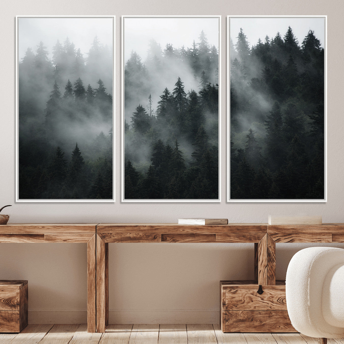 52359-MGV-CV-36X24-Foggy Forest Wall Art Canvas Print | 3 Panel Large Misty Landscape for Dining Room, Office, or Living Room | Ready to Hang Nature Deco