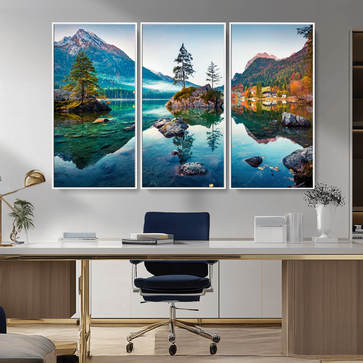 -Crystal Clear Lake Wall Art | Mountains Wall Art Canvas | 3 Panel Large Landscape Print for Dining