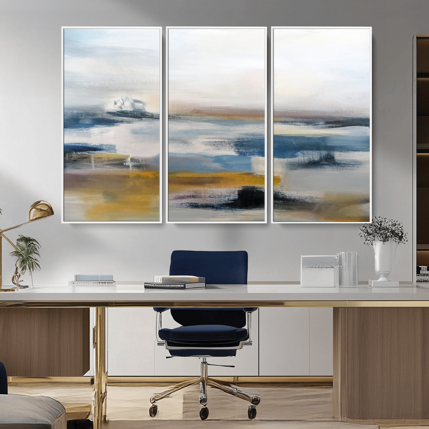 MGV-FC-48X32-3P - Abstract Landscape Wall Art Canvas | 3 Panel Modern Blue, Gold, and White Canvas Art for Living