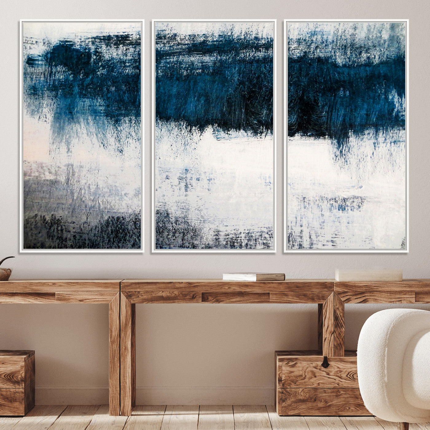 38954-MGV-CV-36X24-Abstract Blue and White Canvas Art | Large Wall Art for Modern Living Room Decor | Minimalist Brushstroke Painting on Canvas