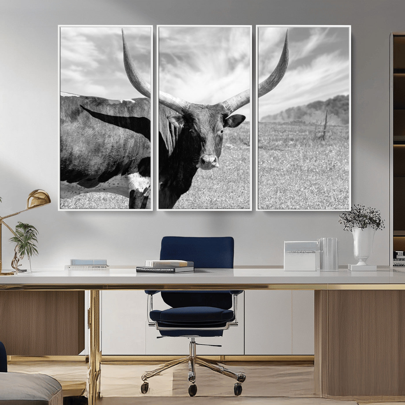 MGV-FC-48X32-3P - Cattle Wall Art Longhorn Cow Canvas Print