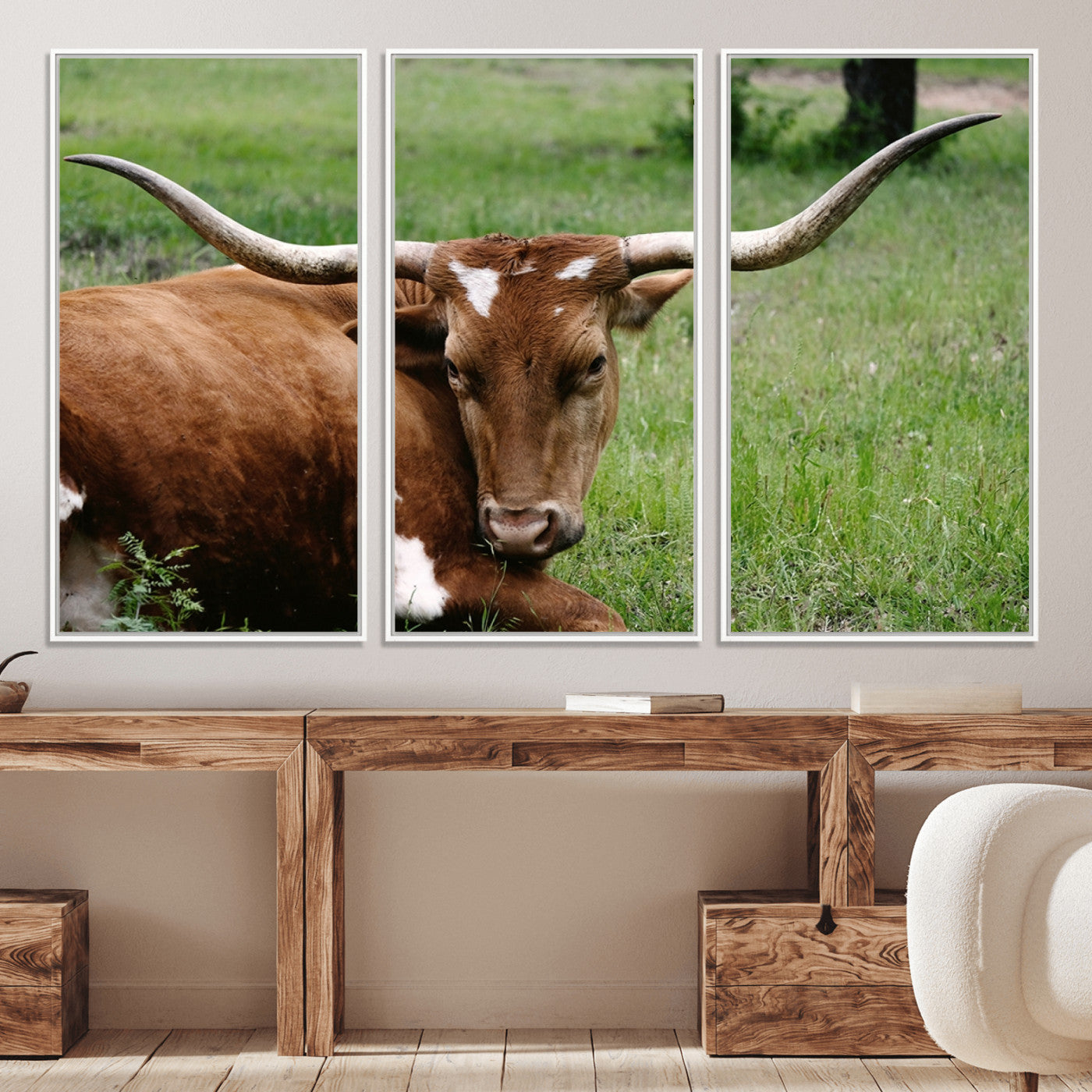 45997-MGV-CV-36X24-Longhorn Steer Canvas Wall Art – Rustic Nature Triptych Decor for Living Room or Office – Ready to Hang