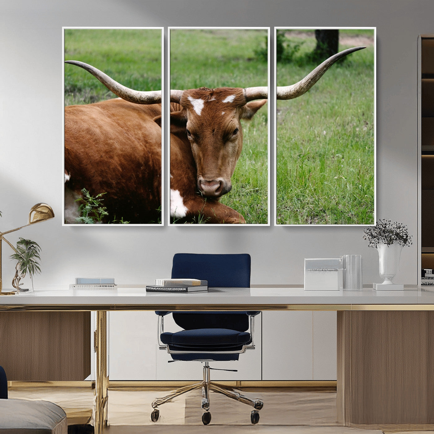 MGV-FC-48X32-3P - Longhorn Cow Animal Wall Art Canvas Print