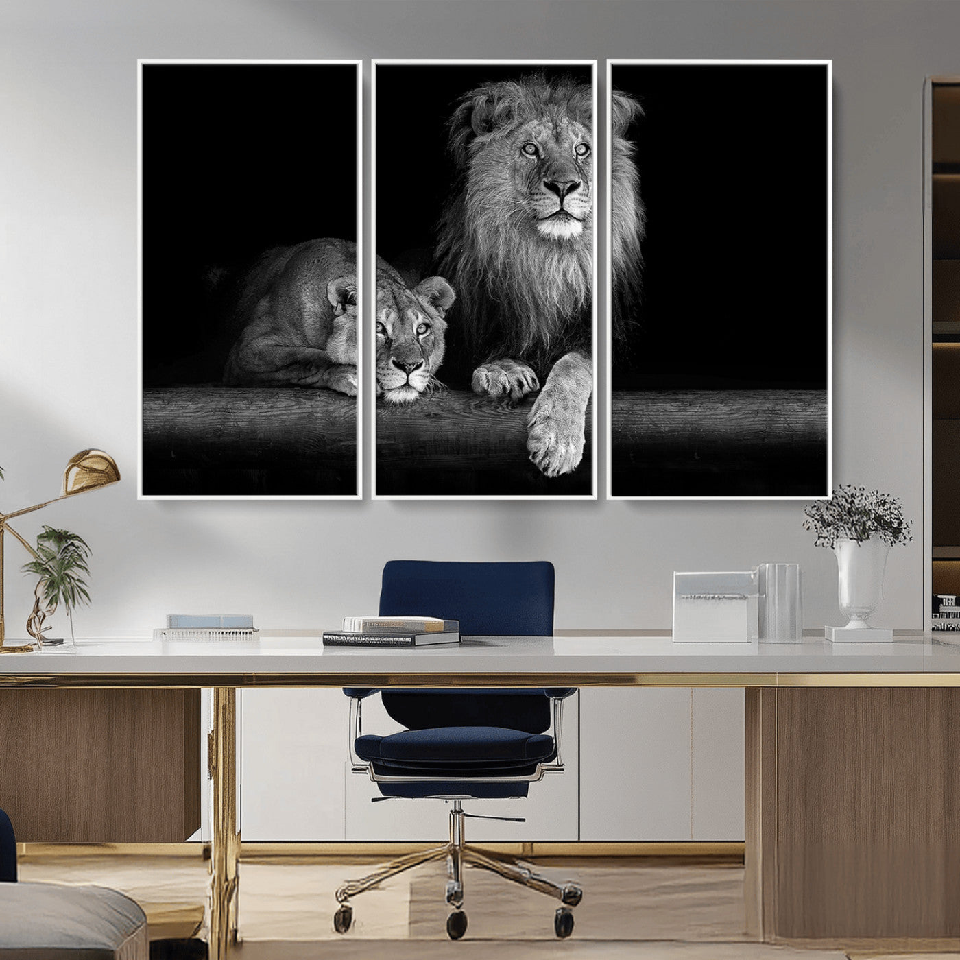 MGV-FC-48X32-3P - Large Black and White Lion Couple Wall Art Canvas Print