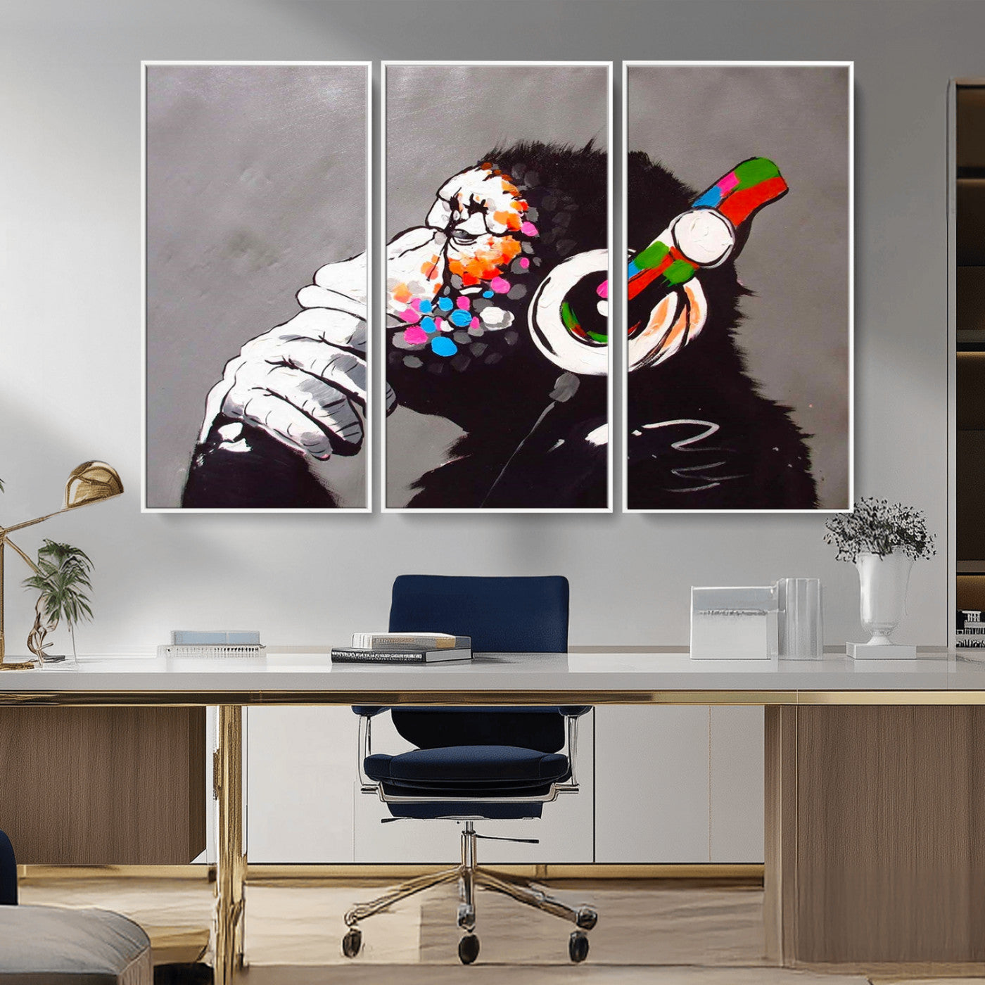 MGV-FC-48X32-3P - Dj Monkey Listening to Music Wall Art Print | Banksy Monkey Large Canvas Print for Living Room,