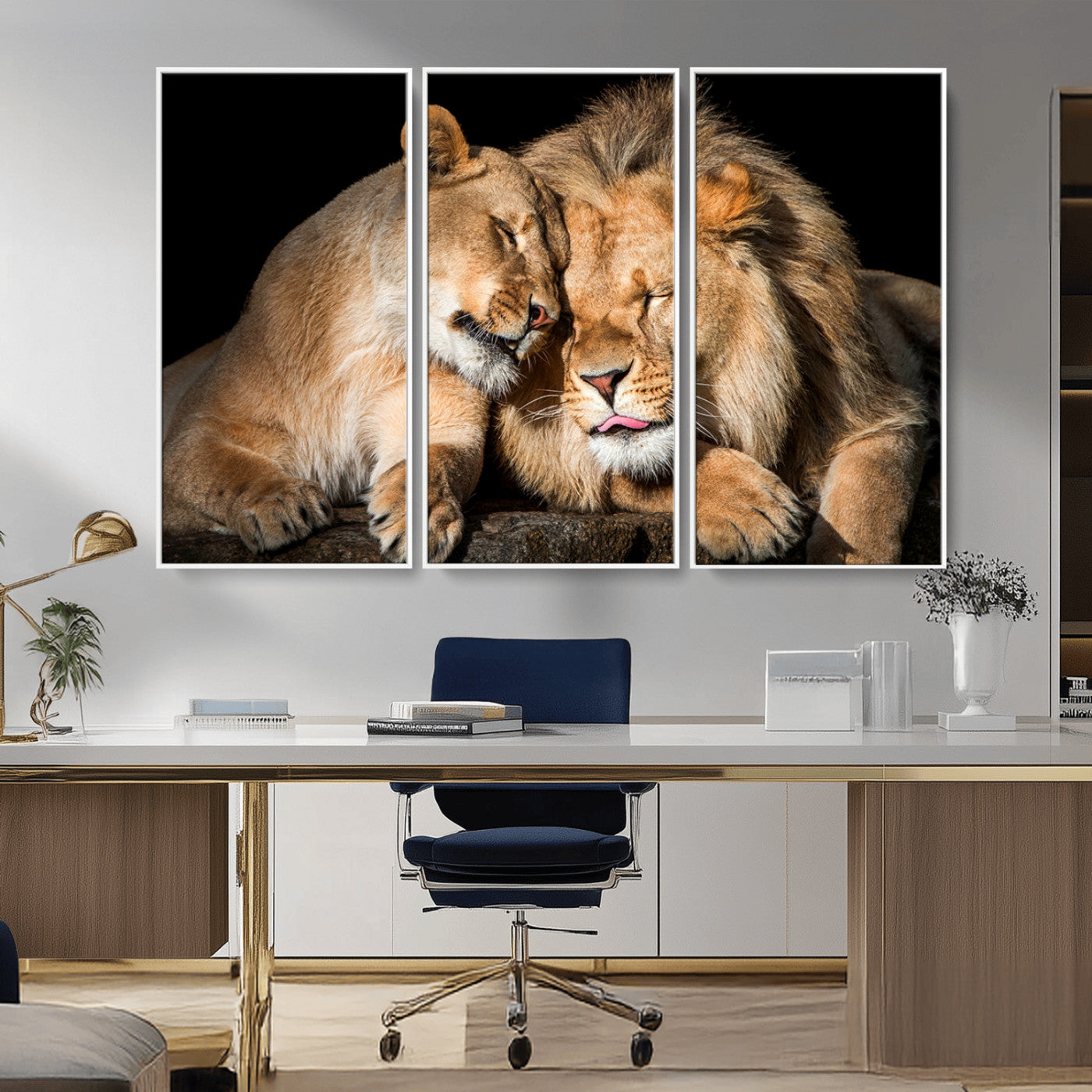 MGV-FC-48X32-3P - Lion and Lioness Wall Art Print Canvas | 3-Panel African Wildlife Canvas Print | Animal-Themed Art
