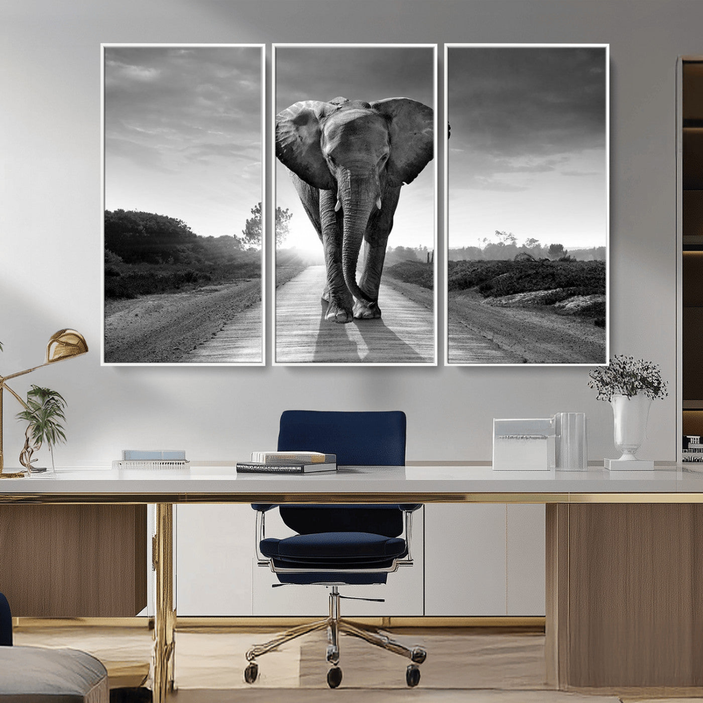 MGV-FC-48X32-3P - Black and White Elephant Wall Art Canvas Print