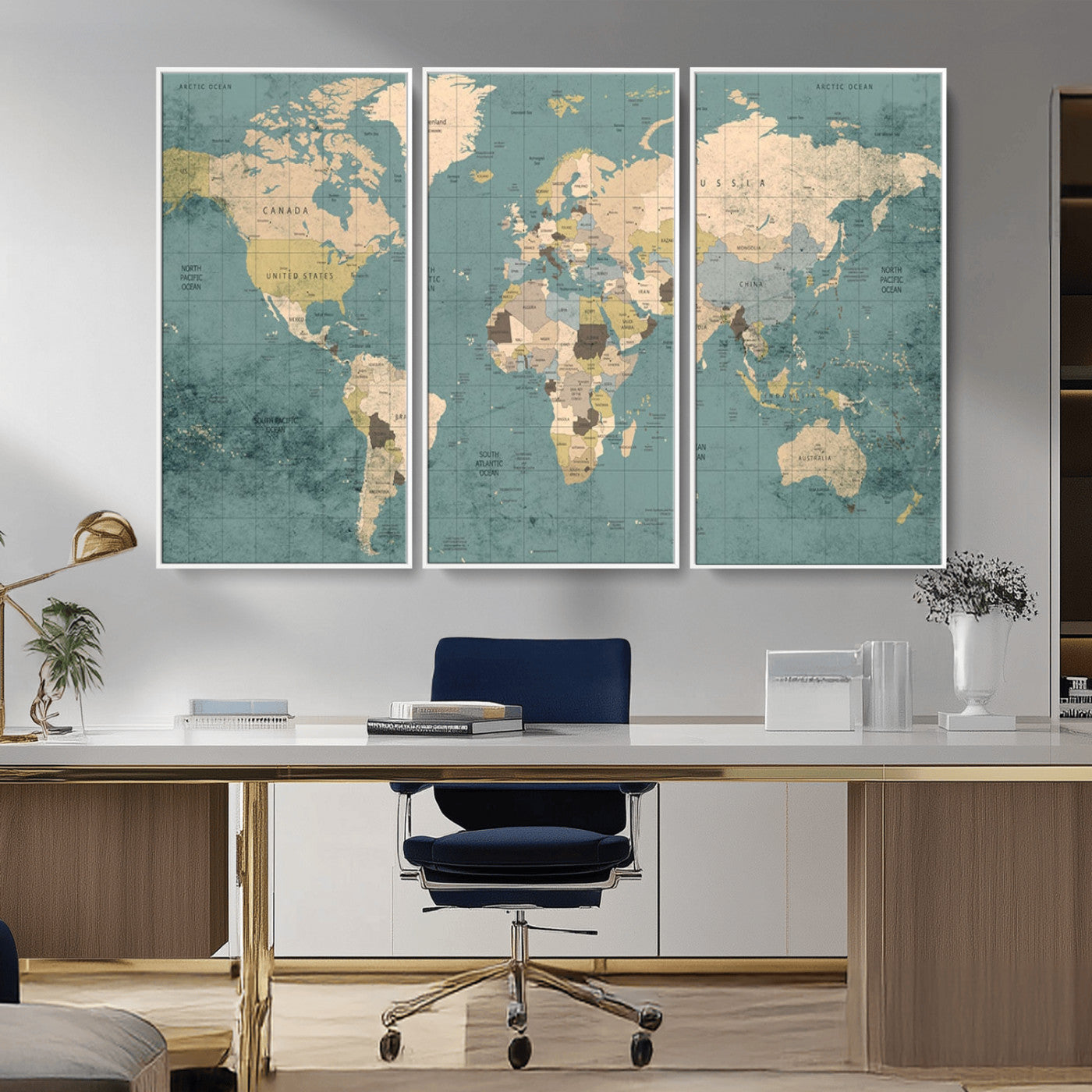 MGV-FC-48X32-3P - Classic World Map Wall Art Canvas Print, Framed Retro Map Art Picture Print, Vintage Atlas Perfect Rustic Explorer Decor Artwork
