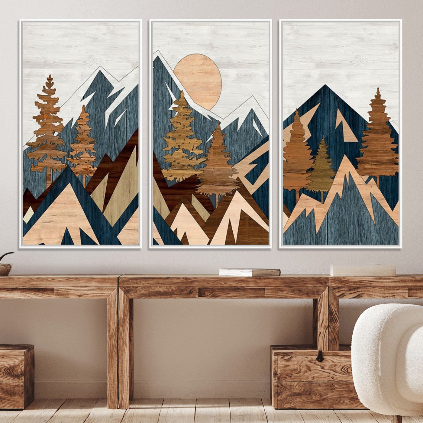 91467-MGV-CV-36X24-Abstract Wood Panel Effect Mountain Range Top Wall Art Canvas Print