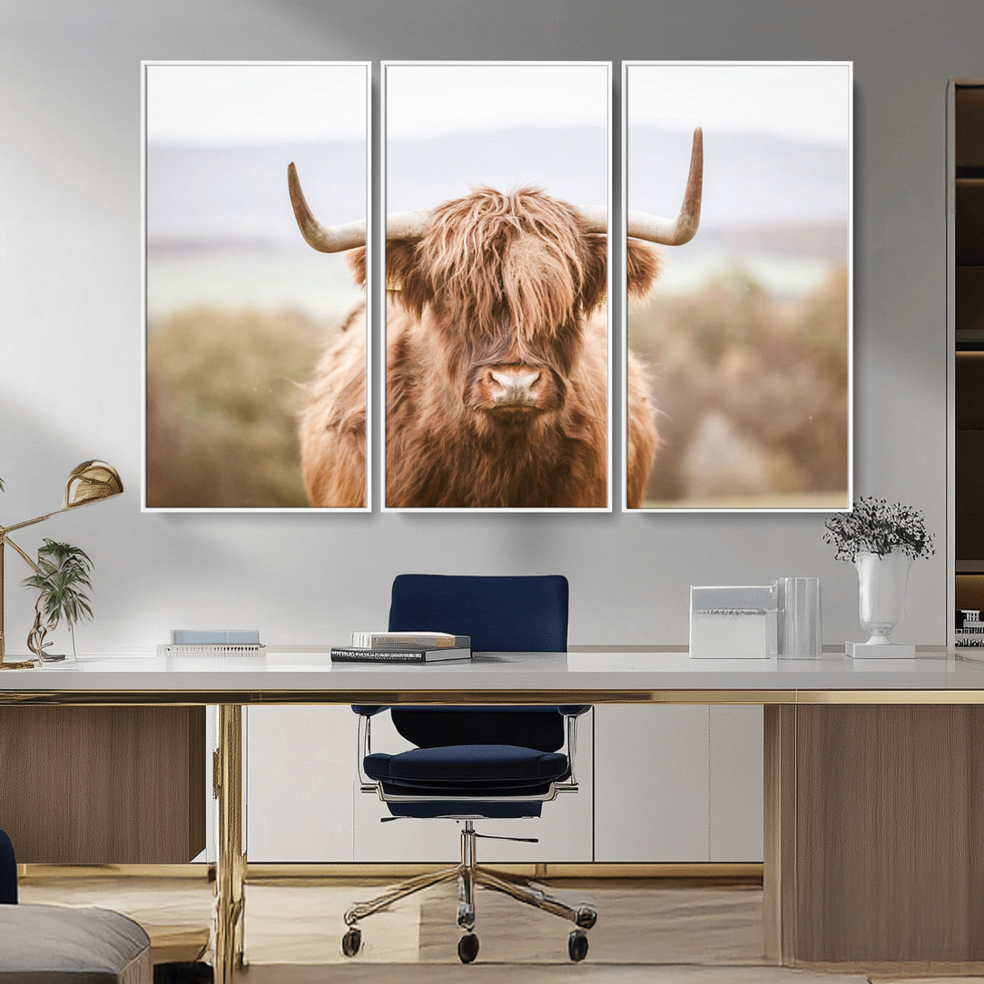 MGV-FC-48X32-3P - Scottish Serene Highland Cow Canvas Wall Art – Serene Highland Cow in Natural Pastel Tones – Ready