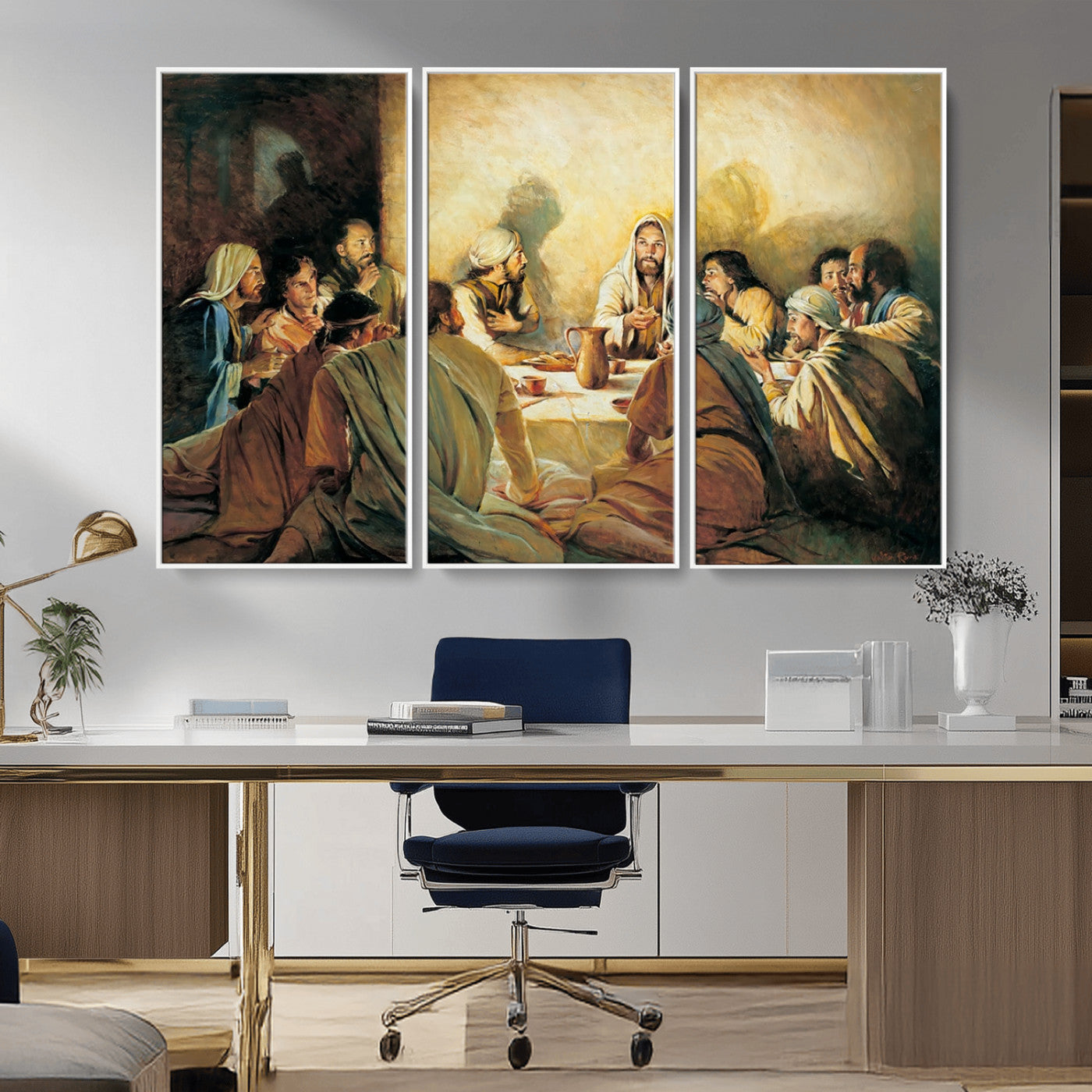 Framed canvas print of the Last Supper, depicting Jesus and his disciples, perfect for religious or Christian-themed home decor.