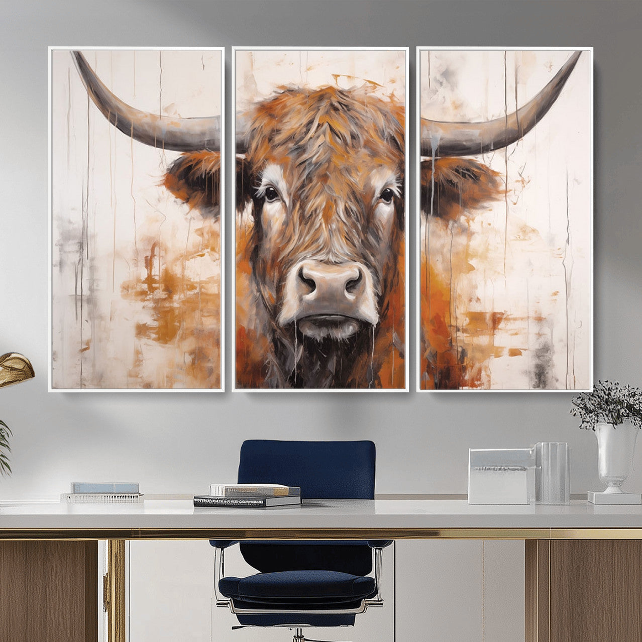 48622-MGV-FC-48X32-3P_White-Vintage Scottish Highland Cow Cattle Art, Scottish Highland Cow Wall Art Print, Farmhouse Wall Art