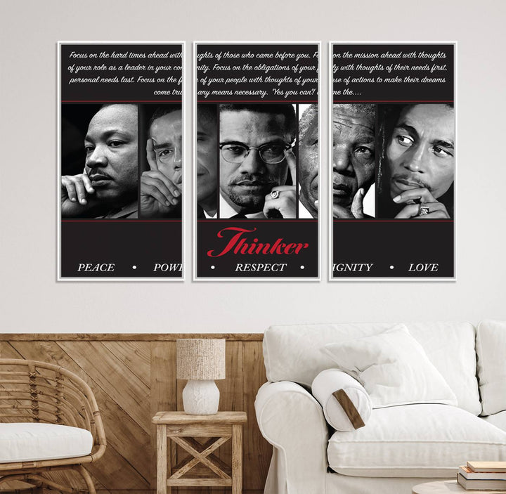 The Thinker Quintet Canvas Wall Art features portraits of Martin, Obama, Malcolm X, Mandela, and Marley, each representing virtues such as Peace and Power.