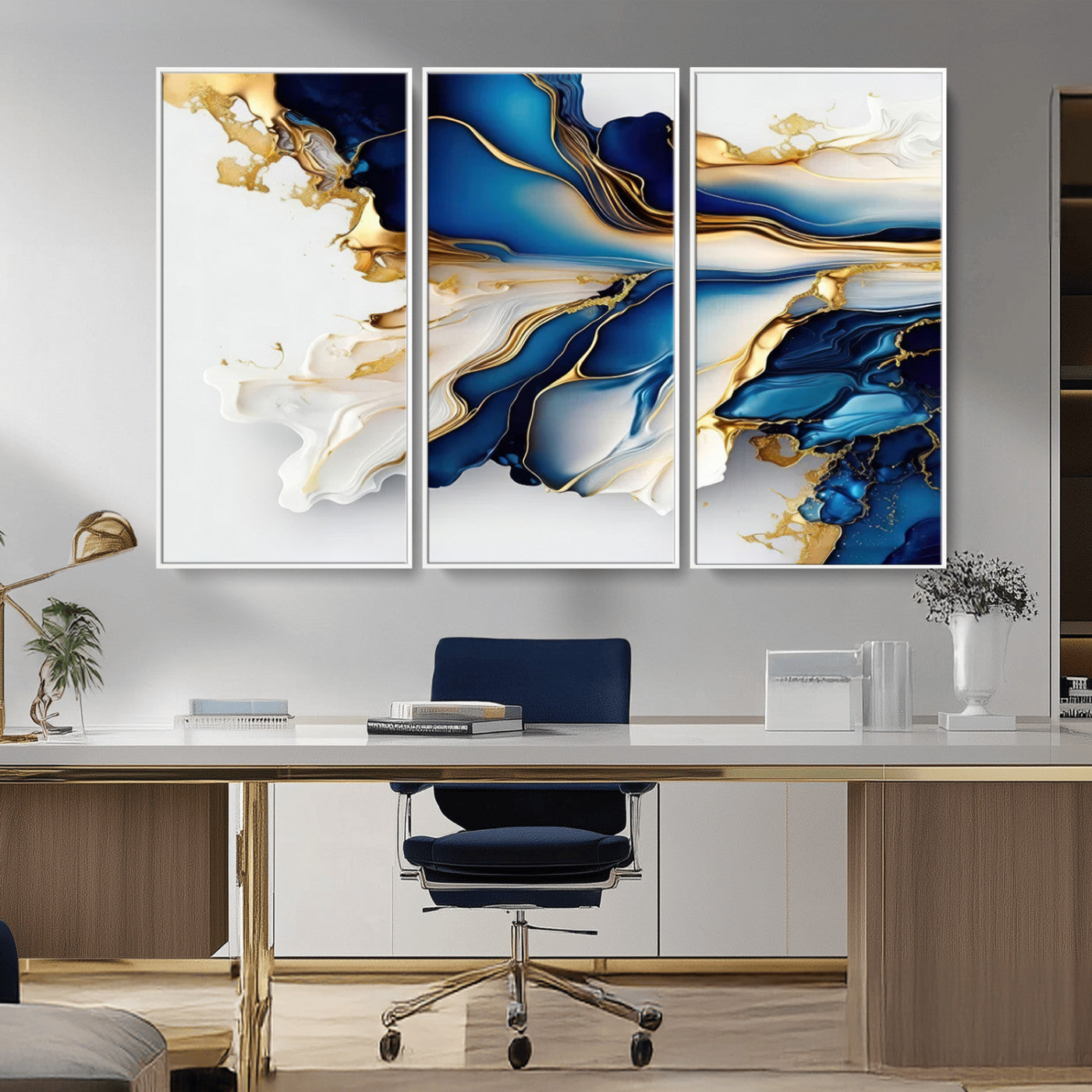 MGV-FC-48X32-3P - Gold Marble Art - Abstract Geode Gold And Blue Marble Shape 3 Pieces Wall Art Canvas Print