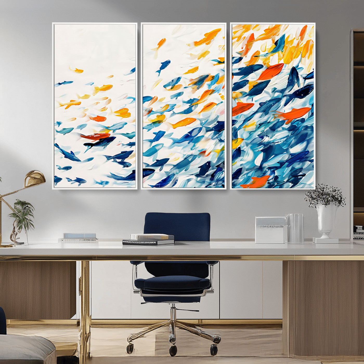 MGV-FC-48X32-3P - Abstract Fish Shoal Wall Art Canvas Print, Colorful Fish Herd Painting on Canvas Print, Ocean Animal