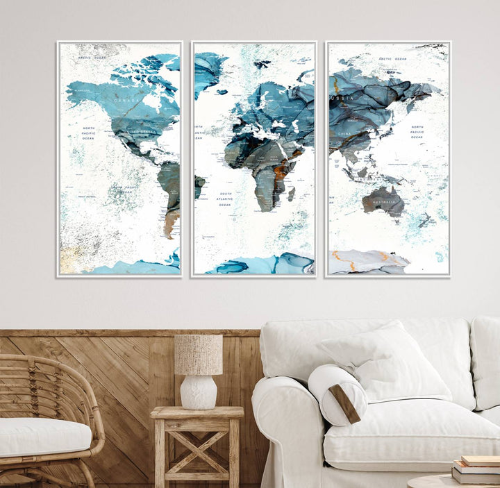 Push Pin World Map Wall Art Canvas Print adds a touch of elegance to the home decor.