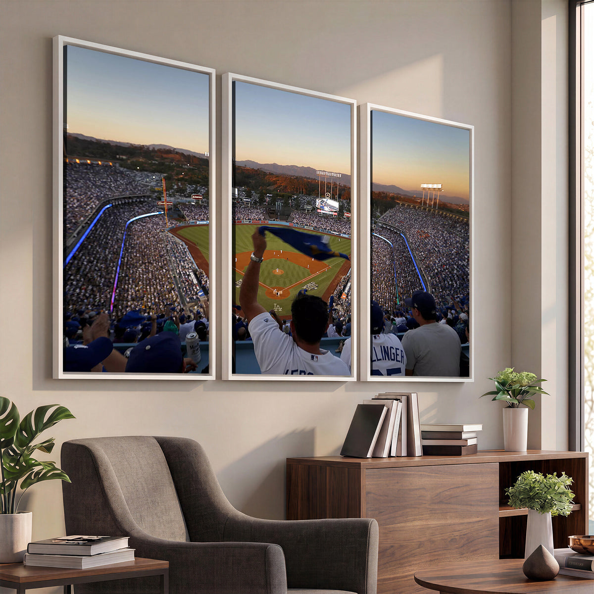 60162-MGV-CV-36X24 - Dodger Stadium Sunset Game Triple Canvas Wall Art, Los Angeles Dodgers MLB Match