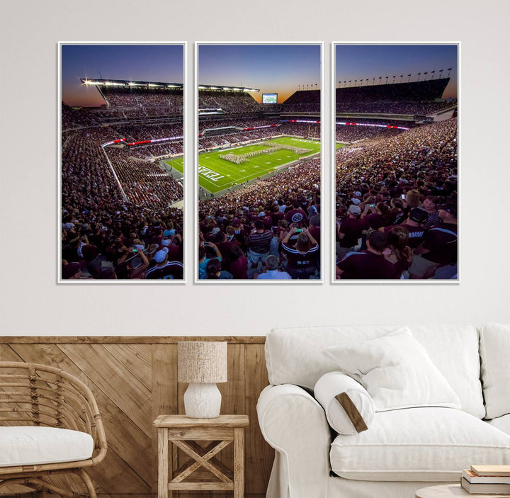 A vibrant canvas print of Texas A&M Aggies at College Stations Kyle Field Stadium captures the energy of fans cheering as the band marches at sunset.