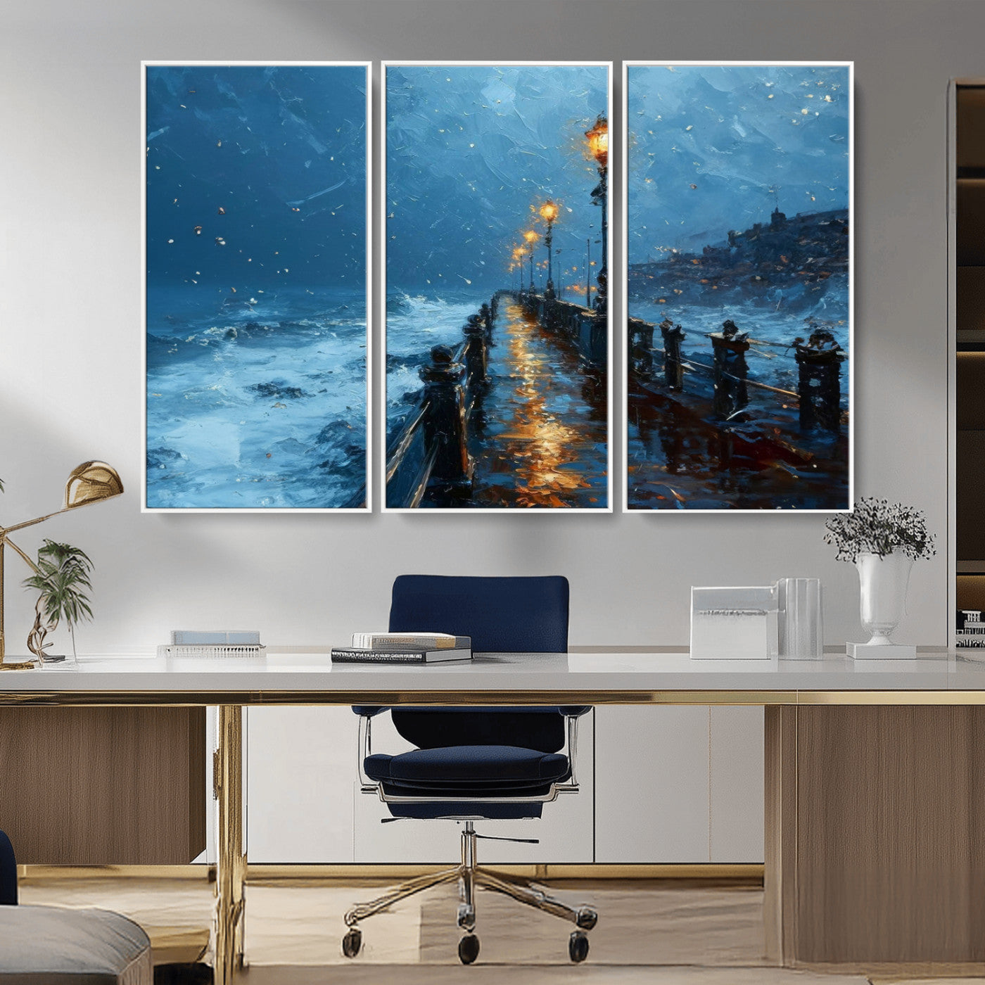 MGV-FC-48X32-3P - Stormy Night at Beach Pier Oil Painting Large Wall Art Print, Framed Canvas Nature Wall Decor,