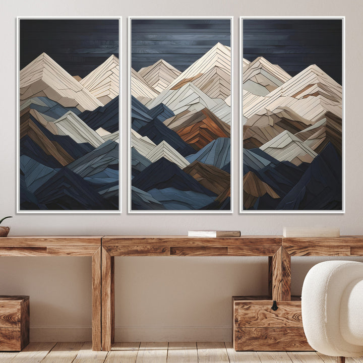 Rustic Mountain Landscape Wall Art Print - Wooden 3D Effect Mountain Canvas Print - Textured Peaks Wall Art for Cabin or Lodge Decor